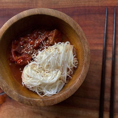 Asian Beet Stew with Vermicelli Noodles.